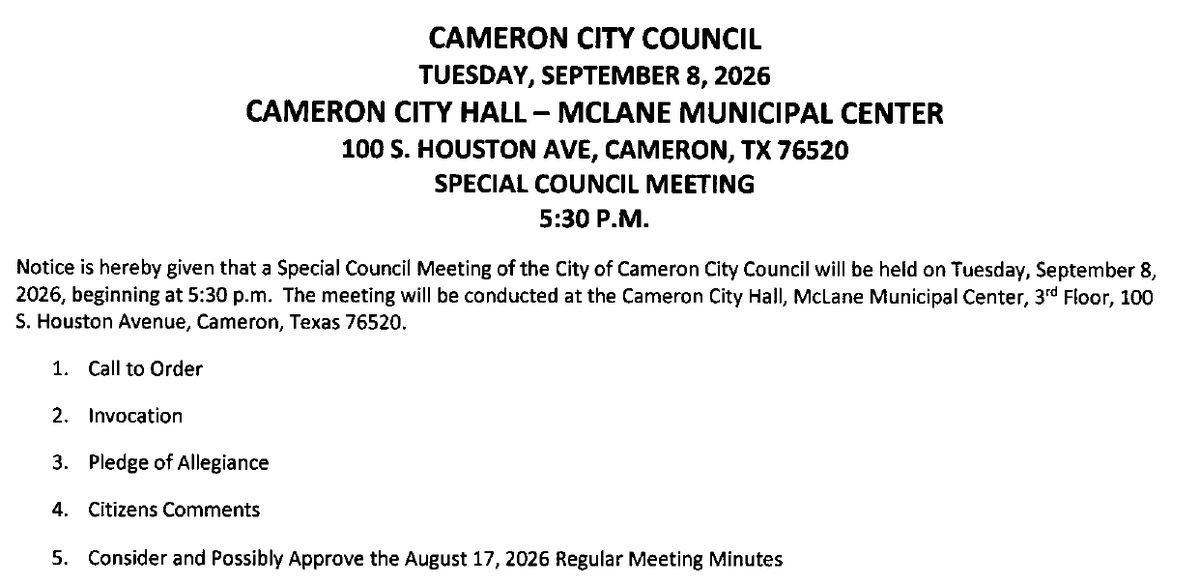 Top of page 1 of the City of Cameron City Council agenda for September 8, 2026: the meeting title, date, and location at the McLane Municipal Center, followed by agenda items 1 to 5, from Call to Order to approval of the August 17 minutes.