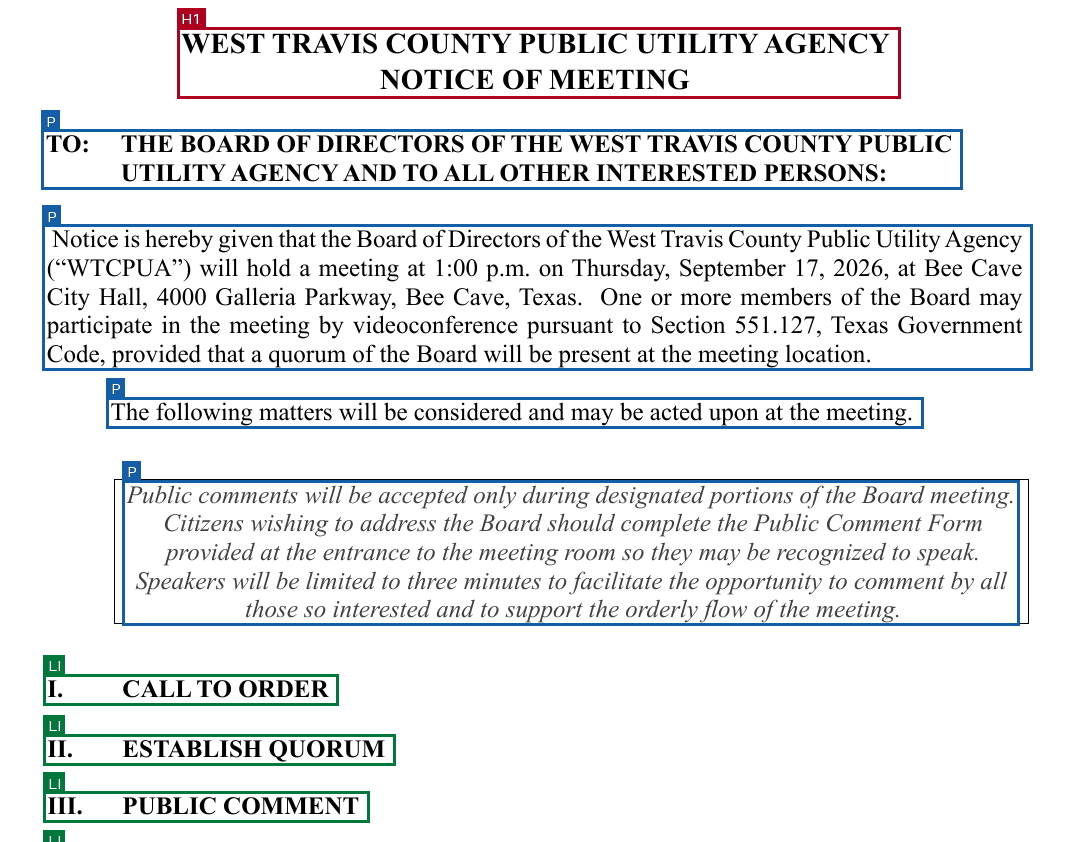 The same part of page 1 in the remediated file, with outlines. The two-line title is labeled H1, a heading. The TO line, the notice paragraph, the sentence about matters to be considered, and the public comment note are each labeled P, for paragraph. Agenda items I, II and III are each labeled LI, for list item.